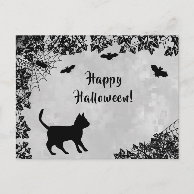 Postal Gato negro con murciélago, Feliz Halloween (Anverso)