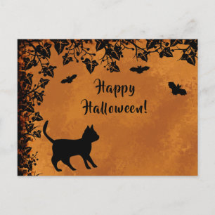 Postal Gato negro con murciélago, feliz Halloween