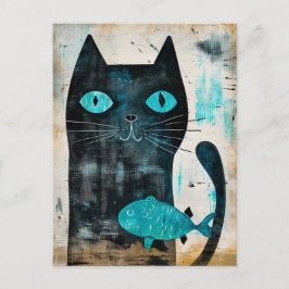 Postal Gato negro con ojos turquesa y pez