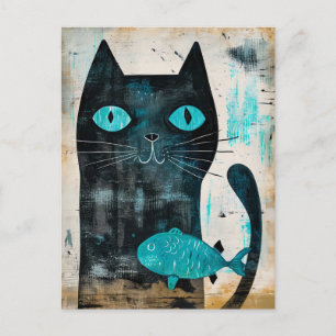 Postal Gato negro con ojos turquesa y pez