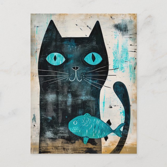 Postal Gato negro con ojos turquesa y pez (Anverso)