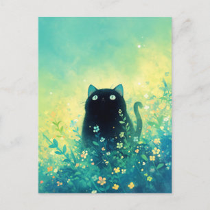 Postal Gato Negro con Ojos Verdes en Prado de Flores Silv