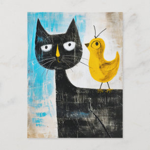 Postal Gato negro con pájaro amarillo hacia atrás