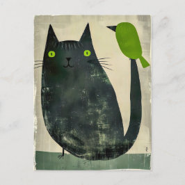 Postal Gato negro con pájaro verde en la cola