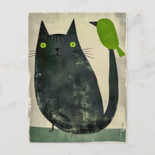 Postal Gato negro con pájaro verde en la cola