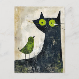 Postal Gato negro con pájaro verde hacia atrás