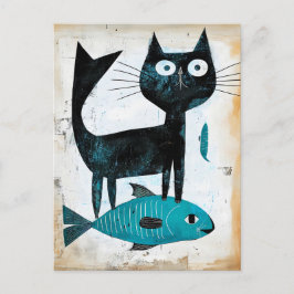 Postal Gato negro con peces azules