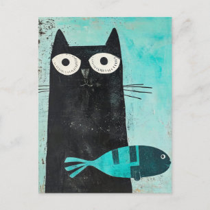 Postal Gato negro con pez turquesa