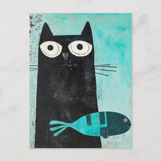 Postal Gato negro con pez turquesa (Anverso)