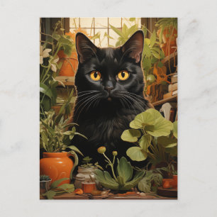 Postal Gato negro con plantas domésticas