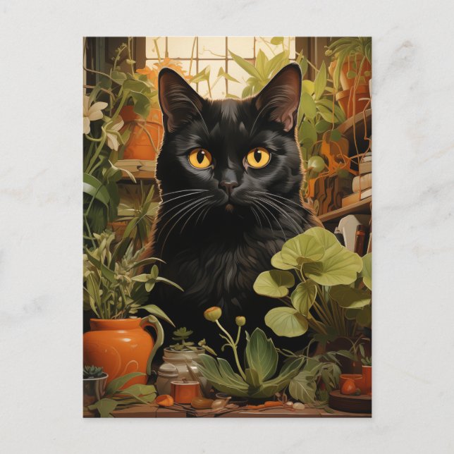 Postal Gato negro con plantas domésticas (Anverso)