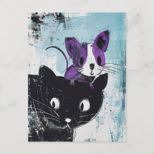 Postal Gato negro con ratón morado en la cabeza