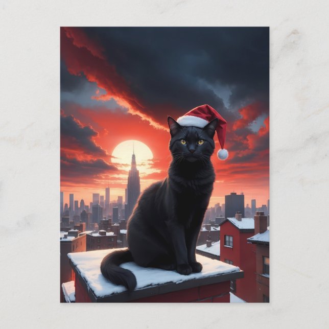 Postal gato negro con sombrero de santa en navidades (Anverso)