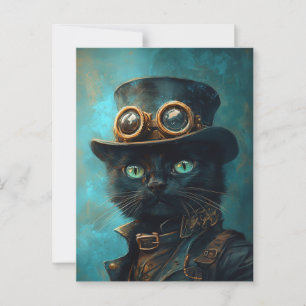 Postal Gato negro con vestuario de Steampunk