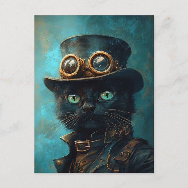 Postal Gato negro con vestuario de Steampunk (Anverso)