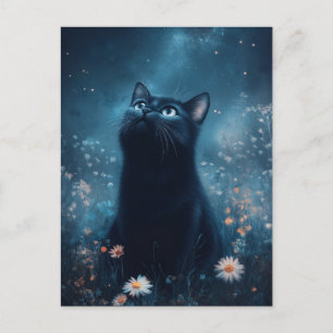 Postal Gato Negro Contemplando el Jardín Nocturno de la N