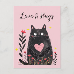 Postal Gato negro de acuarela floral Amor y abrazos
