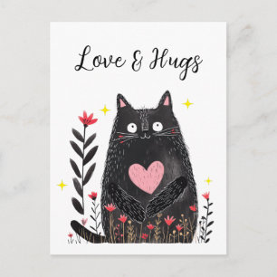 Postal Gato negro de acuarela floral Amor y Abrazos