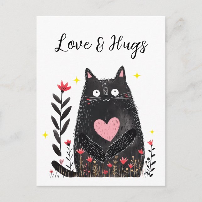 Postal Gato negro de acuarela floral Amor y Abrazos (Anverso)