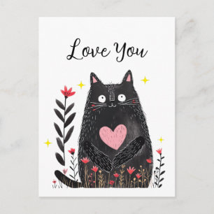 Postal Gato negro de acuarela floral con corazón Te Amo