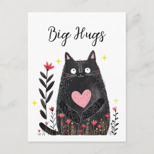 Postal Gato negro de acuarela floral Corazón rosa Grandes