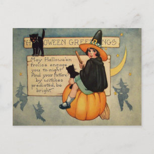 Postal Gato Negro de Bruja Calabaza Luna Creciente