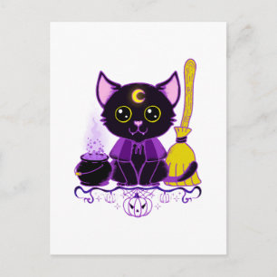 Postal Gato negro de bruja de Halloween lindo