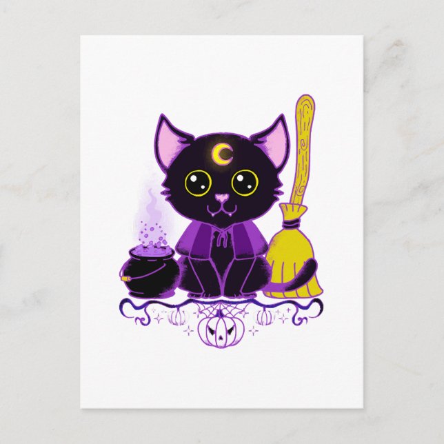Postal Gato negro de bruja de Halloween lindo (Anverso)