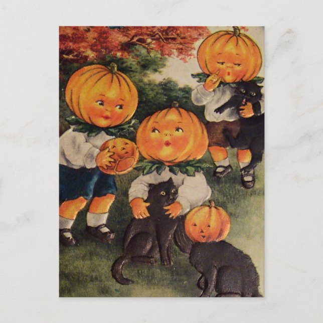 Postal Gato negro de cabezas de calabaza (tarjeta de hall (Anverso)