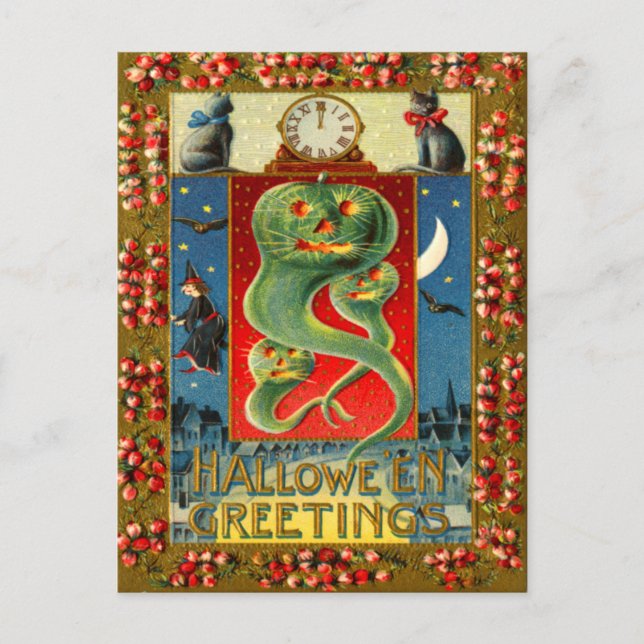 Postal Gato negro de calabaza fantasma Green Jack O' Lant (Anverso)