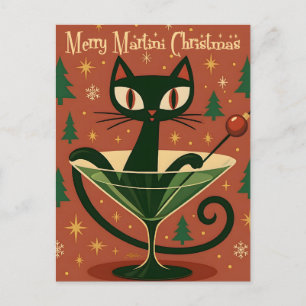 Postal Gato Negro de Feliz Martini de Navidad de Mitad de