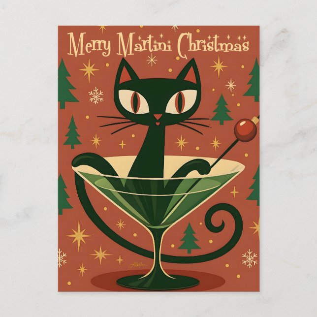 Postal Gato Negro de Feliz Martini de Navidad de Mitad de (Anverso)