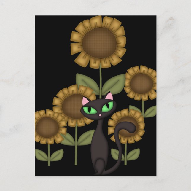 Postal Gato negro de girasol (Anverso)