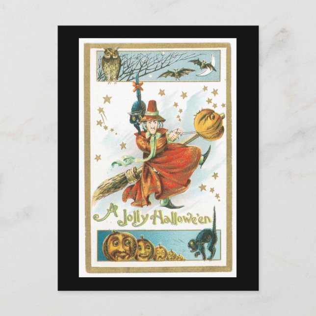 Postal Gato negro de Halloween, bruja y búho (Anverso)
