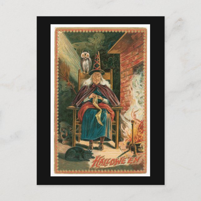 Postal Gato negro de Halloween, bruja y búho (Anverso)