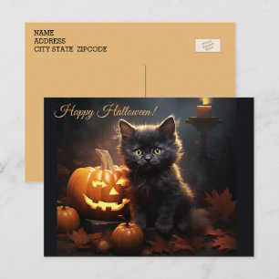 Postal Gato negro de Halloween, calabazas de Jack o Linte