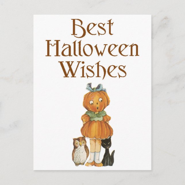 Postal Gato negro de Halloween, Chica de calabaza y búho (Anverso)