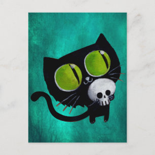 Postal Gato negro de Halloween con cráneo