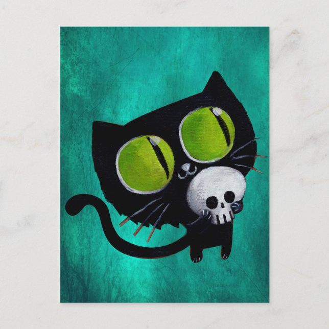 Postal Gato negro de Halloween con cráneo (Anverso)