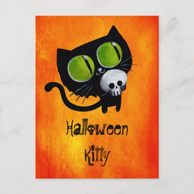 Postal Gato negro de Halloween con cráneo (Anverso)