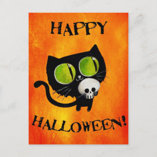 Postal Gato negro de Halloween con cráneo