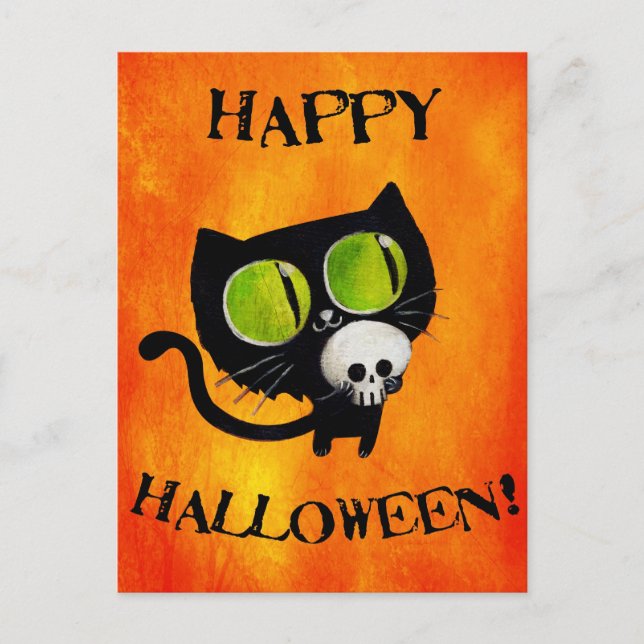 Postal Gato negro de Halloween con cráneo (Anverso)