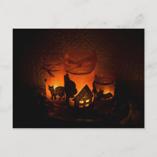 Postal Gato negro de Halloween con luminarios y murciélag
