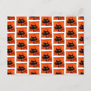 Postal Gato negro de Halloween cuadrados naranjas Cartoon