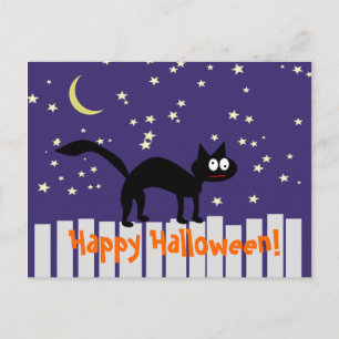 Postal Gato negro de Halloween en la cerca