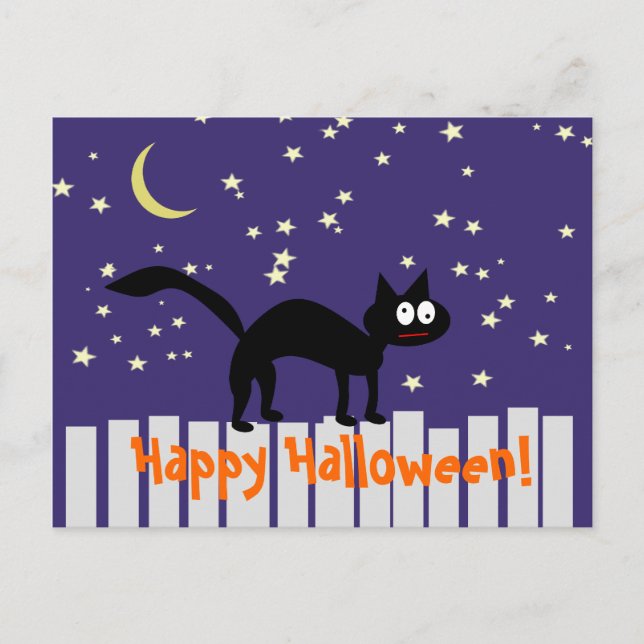 Postal Gato negro de Halloween en la cerca (Anverso)