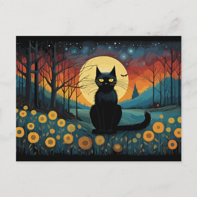 Postal Gato negro de Halloween en la pradera luna llena (Anverso)