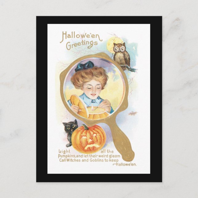 Postal Gato negro de Halloween, niña y búho (Anverso)