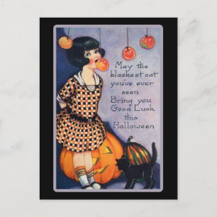 Postal Gato negro de Halloween vintage lindo