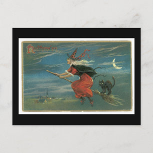 Postal Gato negro de Halloween y bruja